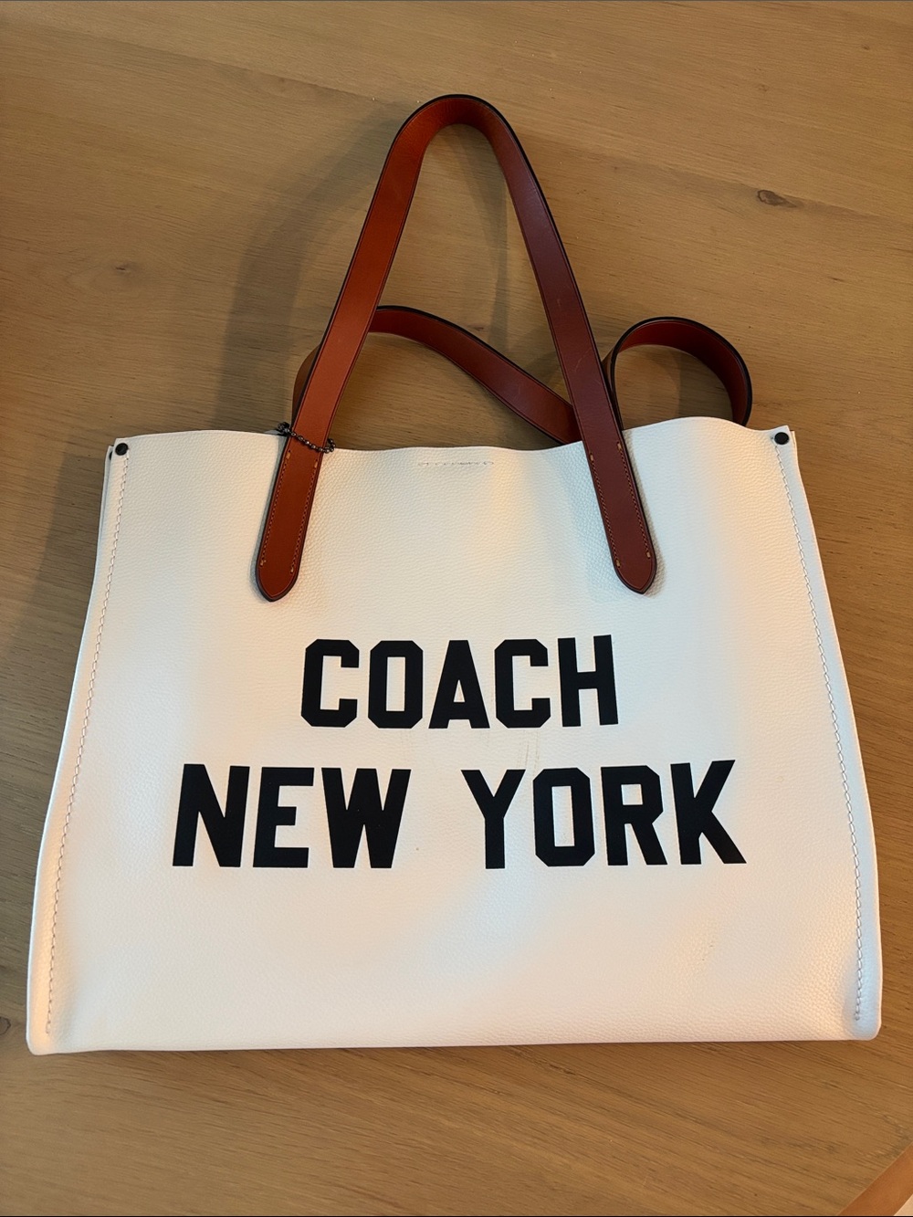 Coach White Leather Tote with Brown Handles and Black Logo